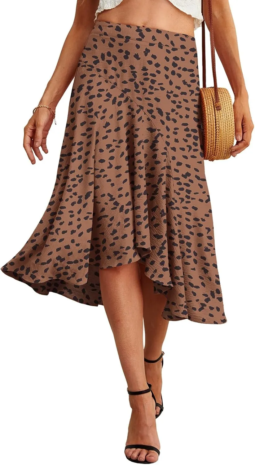 JINKESI Women's Midi Skirt Elegant Flowy Ruffle High Waist Summer Casual High Low Midi Skirts