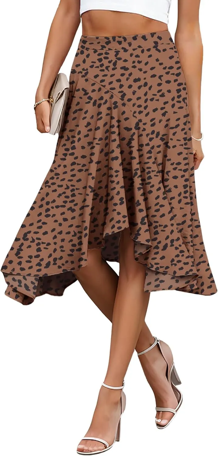 JINKESI Women's Midi Skirt Elegant Flowy Ruffle High Waist Summer Casual High Low Midi Skirts