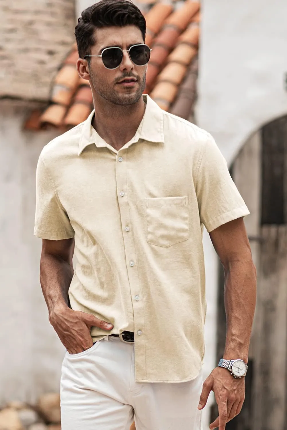 JMIERR Men's Casual Stylish Short Sleeve Button-Up Striped Dress Shirts Cotton Beach Shirt