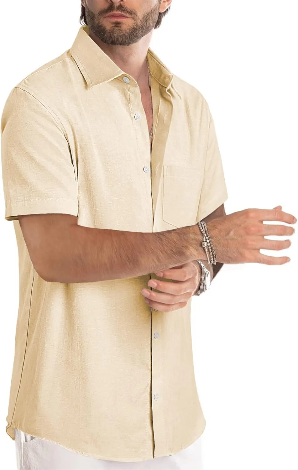 JMIERR Men's Casual Stylish Short Sleeve Button-Up Striped Dress Shirts Cotton Beach Shirt