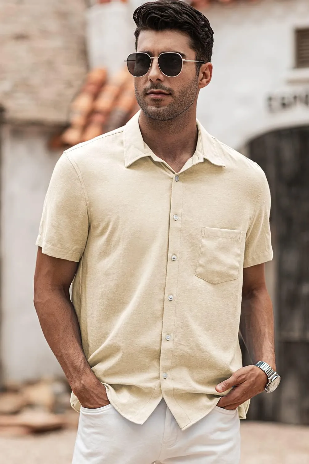 JMIERR Men's Casual Stylish Short Sleeve Button-Up Striped Dress Shirts Cotton Beach Shirt