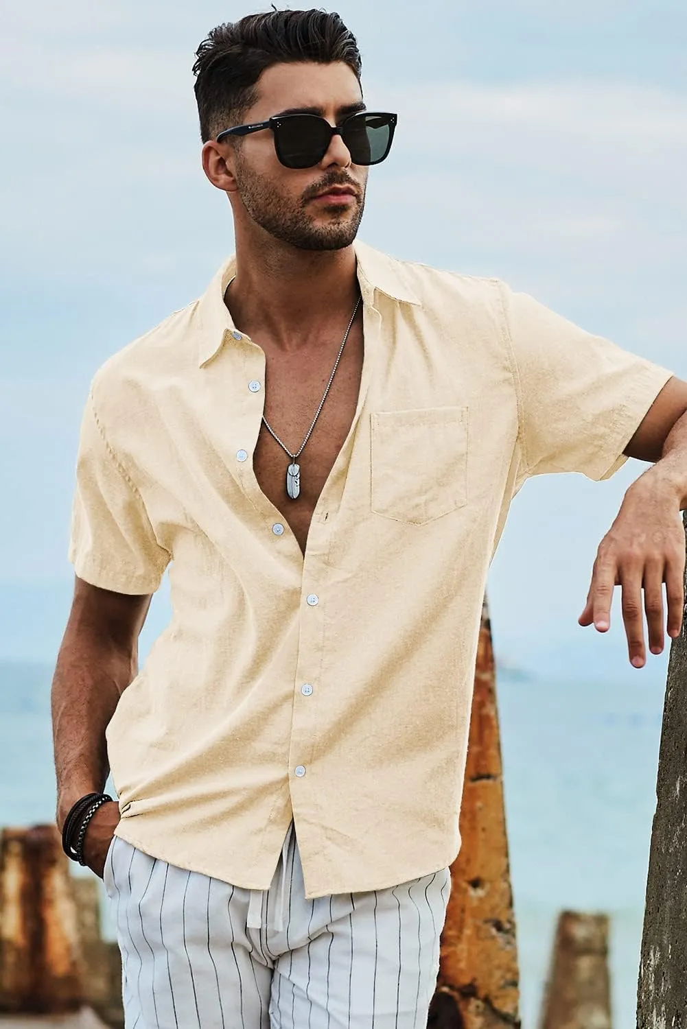 JMIERR Men's Casual Stylish Short Sleeve Button-Up Striped Dress Shirts Cotton Beach Shirt