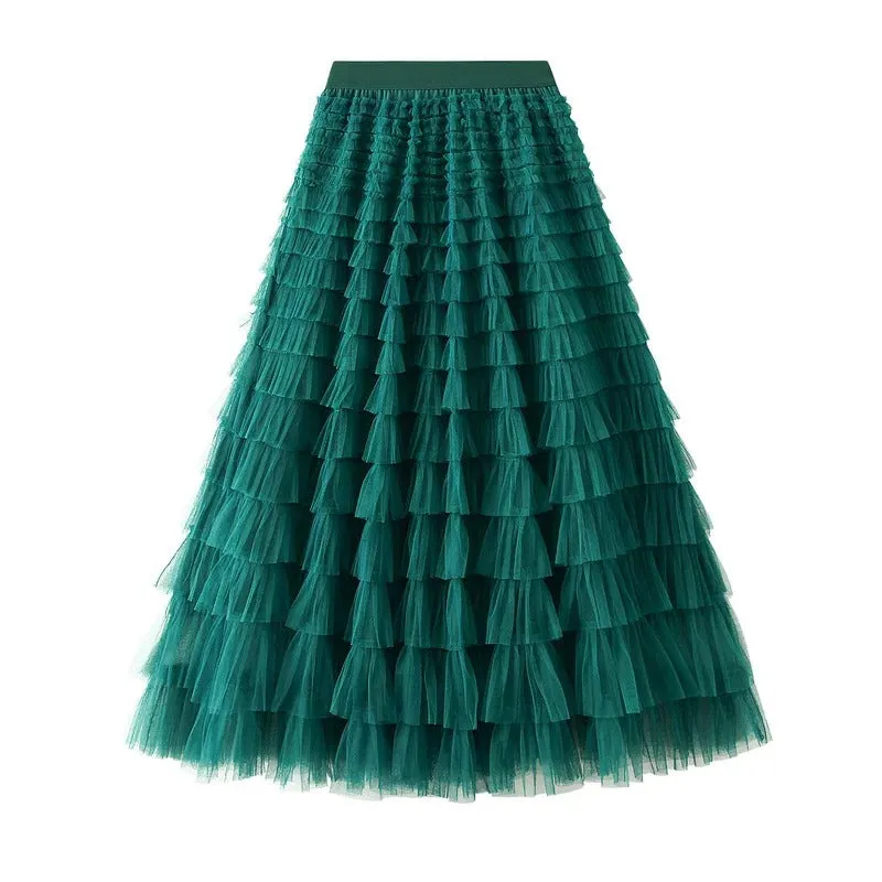 Korean Style Solid Layer Mesh Overlay Skirts for Women