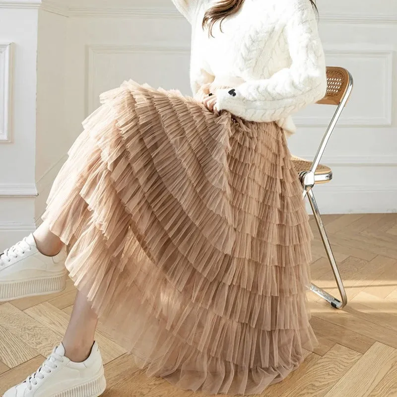 Korean Style Solid Layer Mesh Overlay Skirts for Women