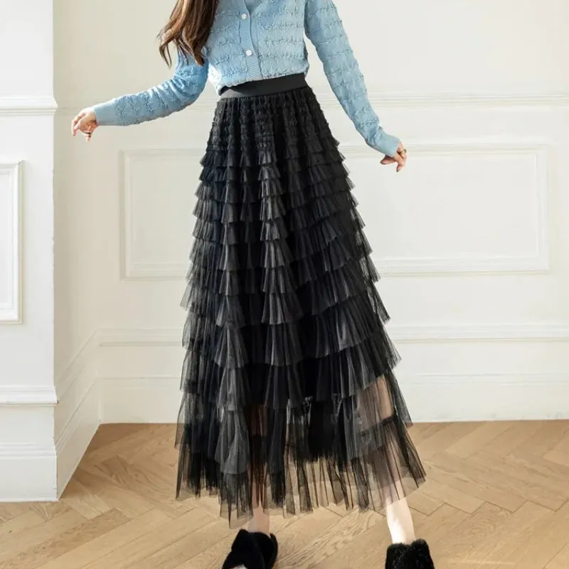 Korean Style Solid Layer Mesh Overlay Skirts for Women