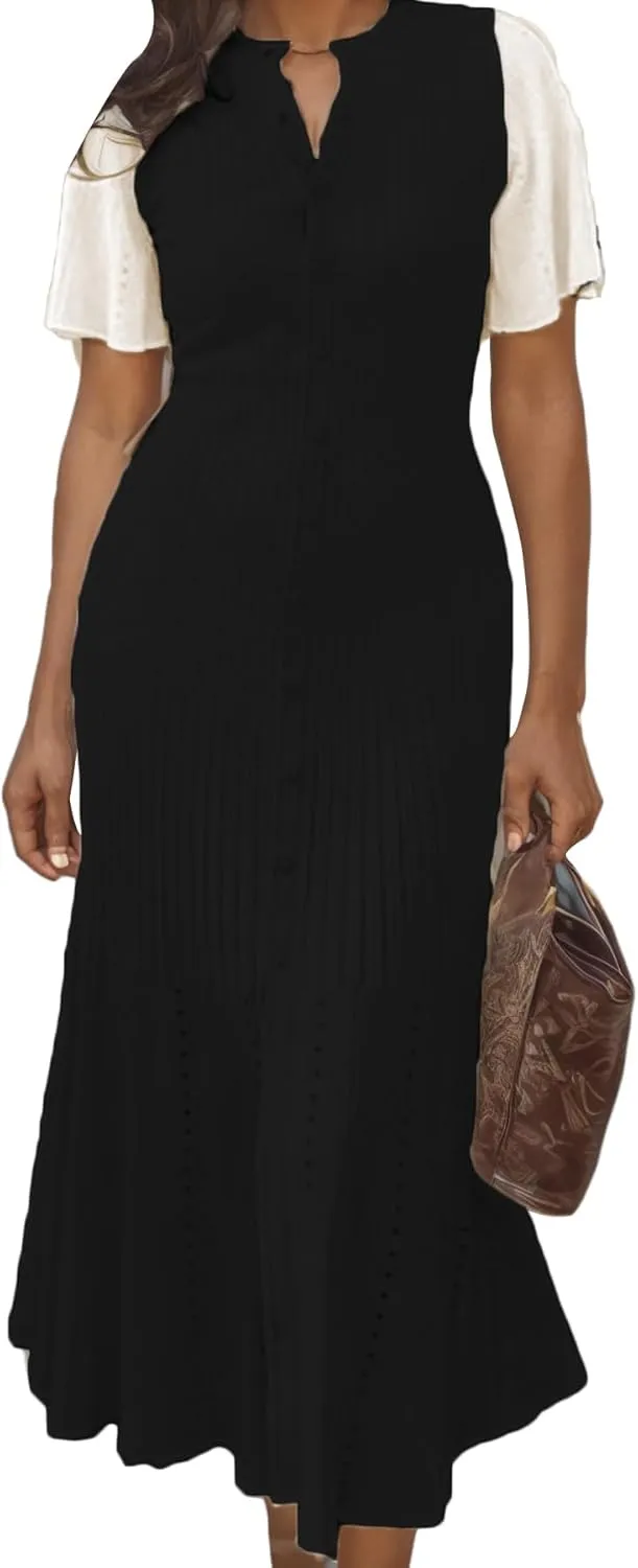 LAJIOJIO Knit Long Dress Women,Elegant Button Down Short Sleeve Slim Fit Dresses