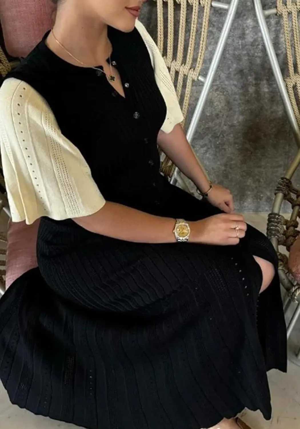 LAJIOJIO Knit Long Dress Women,Elegant Button Down Short Sleeve Slim Fit Dresses