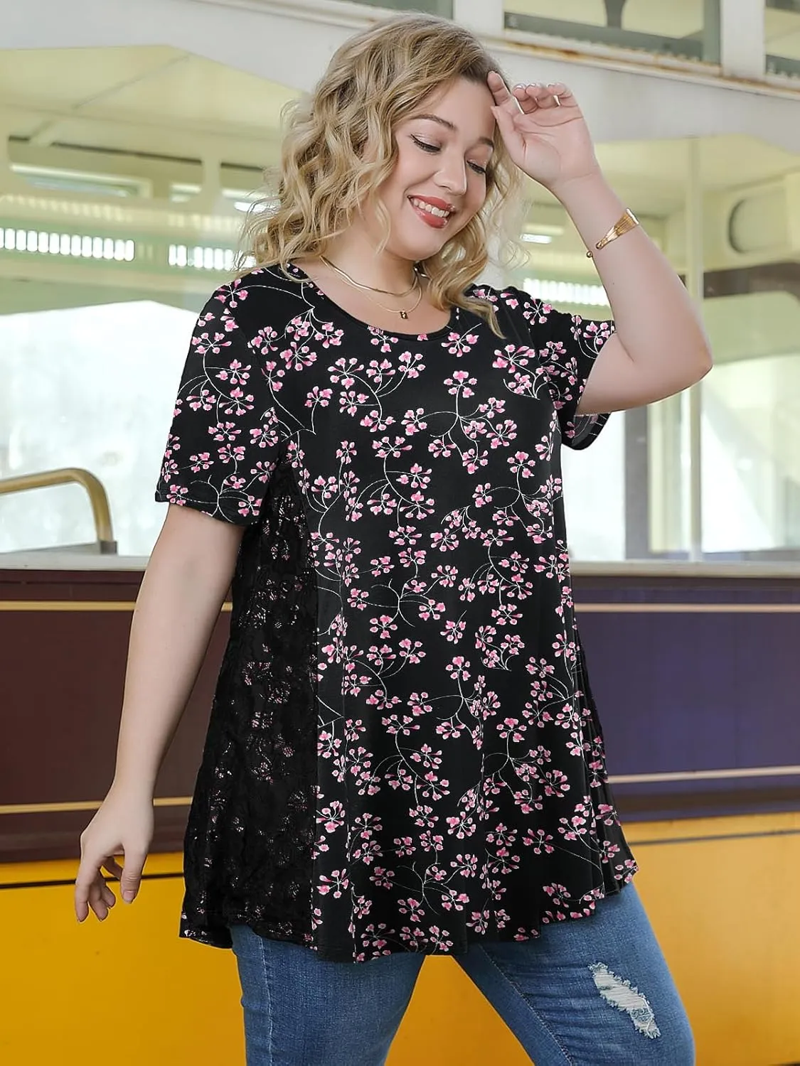 LARACE Plus Size Spring Summer Tunics Tops Short Sleeve Shirts Flowy Lace Tops Wrinkle Free Blouses for Women Dressy Casual