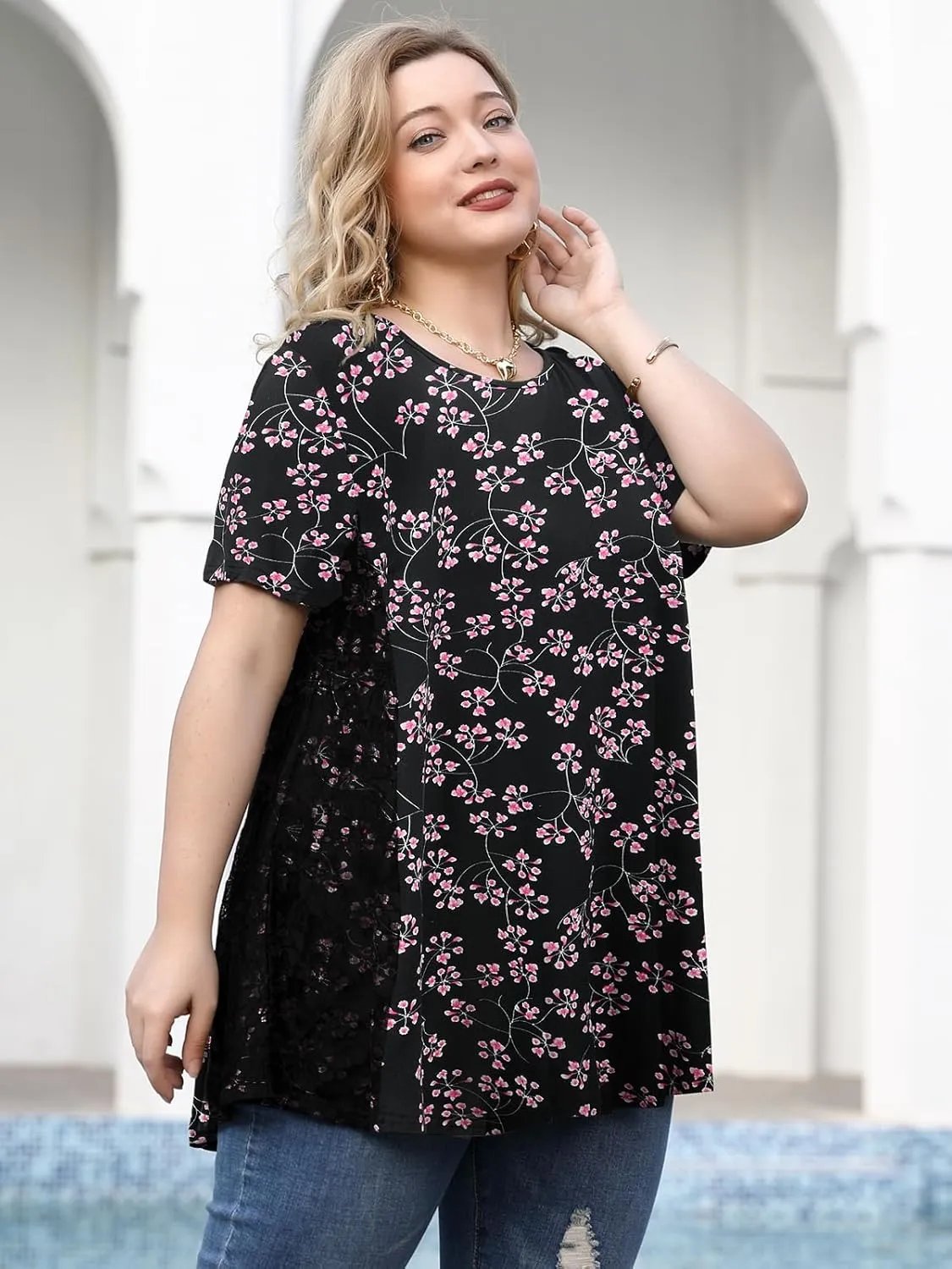 LARACE Plus Size Spring Summer Tunics Tops Short Sleeve Shirts Flowy Lace Tops Wrinkle Free Blouses for Women Dressy Casual