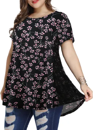LARACE Plus Size Spring Summer Tunics Tops Short Sleeve Shirts Flowy Lace Tops Wrinkle Free Blouses for Women Dressy Casual