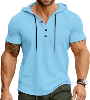 Mens Hoodies T-Shirts Fashion Short Sleeve Sweatshirts Athletic Lightweight Pullover Casual Solid Color Summer Blouse