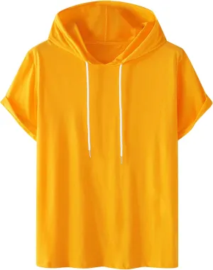 Men's Loose Fit Short Sleeve Active Athletic Hoodie Pullover Sweatshirt Solid Color Drawstring Summer Sports T-Shirt Top