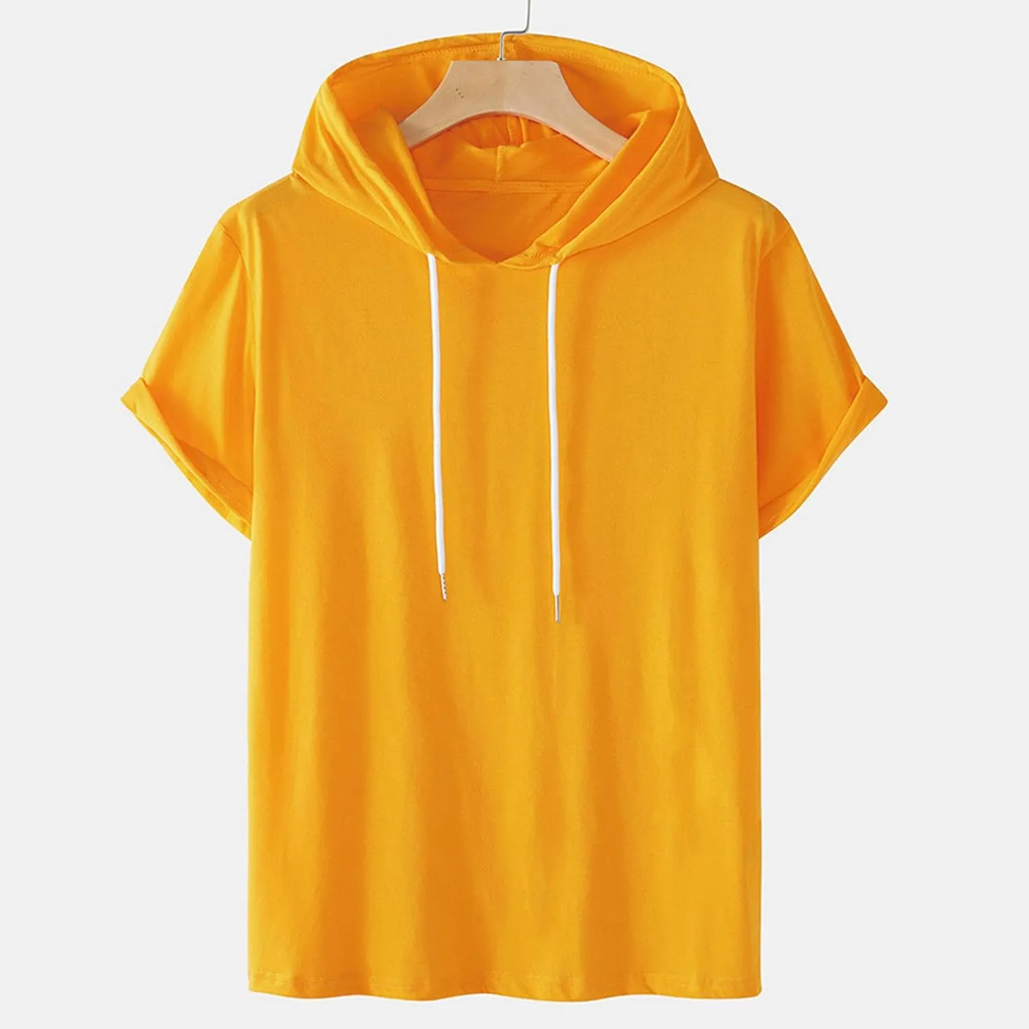 Men's Loose Fit Short Sleeve Active Athletic Hoodie Pullover Sweatshirt Solid Color Drawstring Summer Sports T-Shirt Top