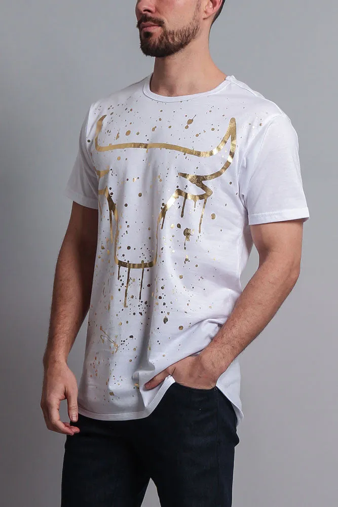 Metallic Paint Splattered Bull Logo Long Length Curved Hem T-Shirt