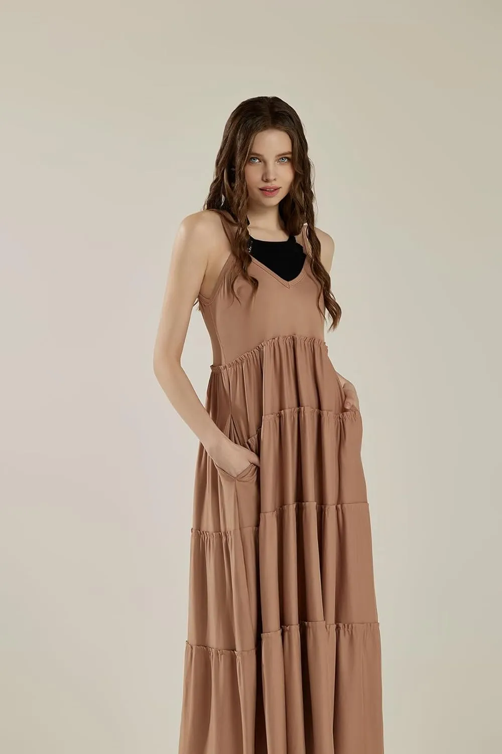 noflik Women's Comfortable and Flowy Knit V-Neckline Ruffle Tiers Knit Maxi Dress