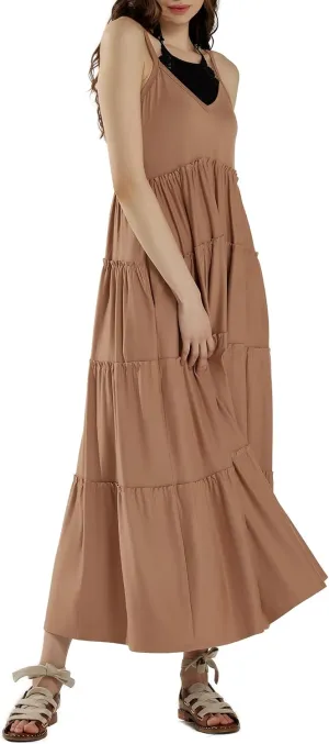 noflik Women's Comfortable and Flowy Knit V-Neckline Ruffle Tiers Knit Maxi Dress