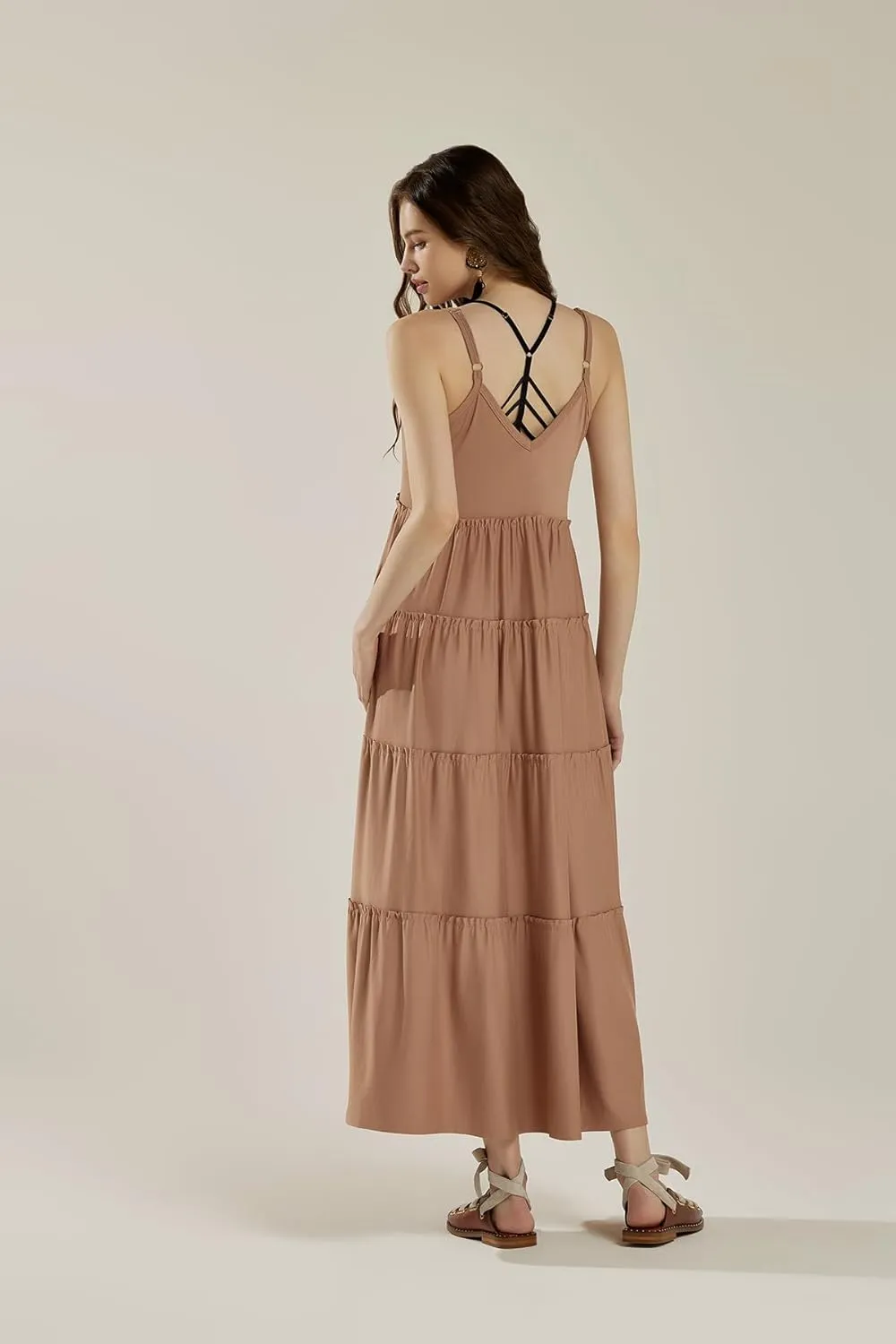 noflik Women's Comfortable and Flowy Knit V-Neckline Ruffle Tiers Knit Maxi Dress