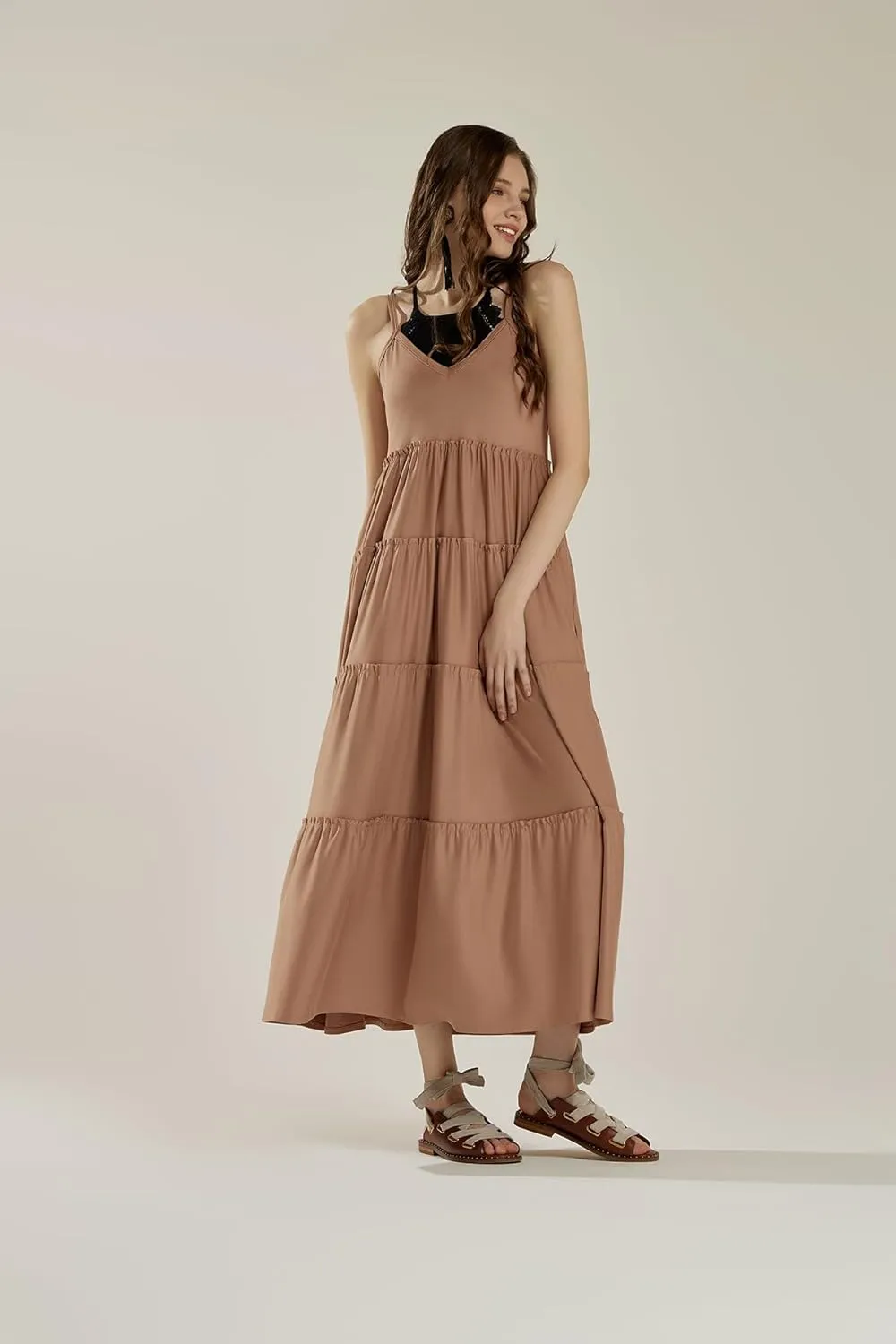 noflik Women's Comfortable and Flowy Knit V-Neckline Ruffle Tiers Knit Maxi Dress