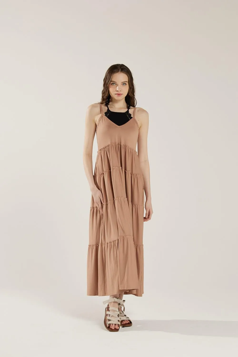 noflik Women's Comfortable and Flowy Knit V-Neckline Ruffle Tiers Knit Maxi Dress