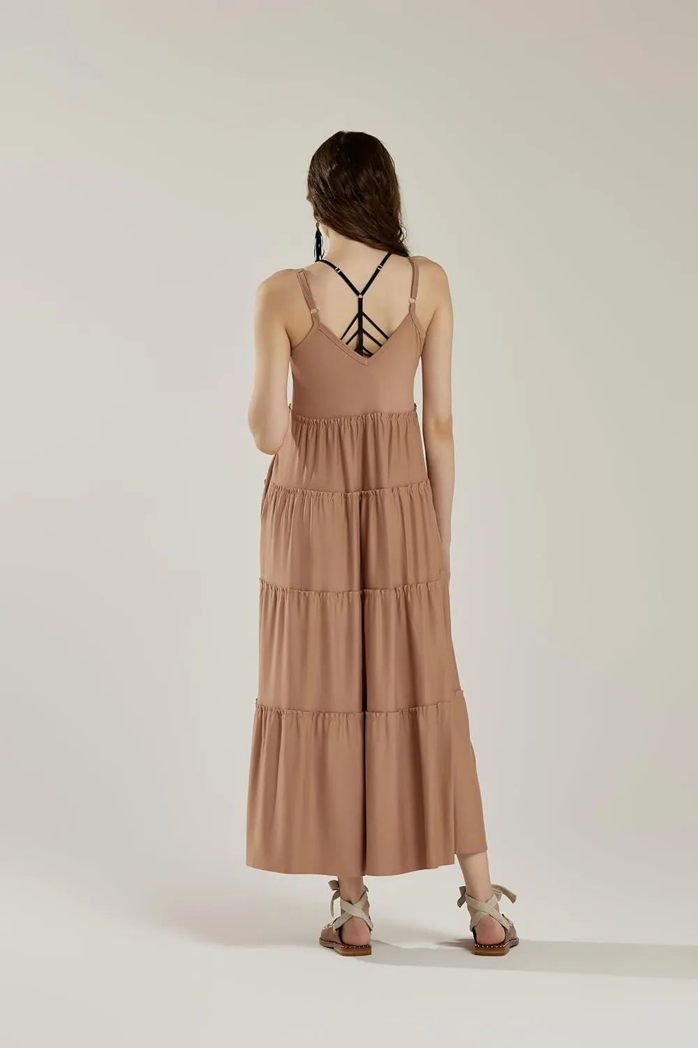 noflik Women's Comfortable and Flowy Knit V-Neckline Ruffle Tiers Knit Maxi Dress