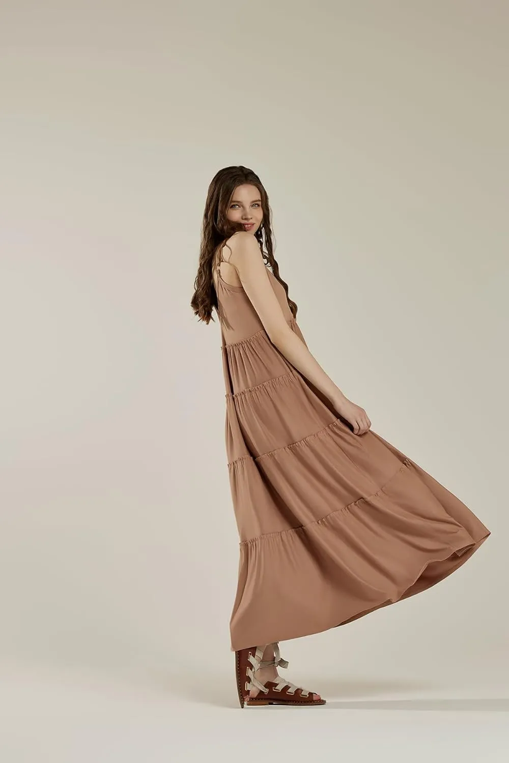 noflik Women's Comfortable and Flowy Knit V-Neckline Ruffle Tiers Knit Maxi Dress