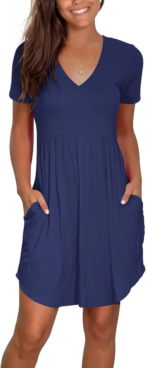 Nova In Sky Womens Summer Dress Short Sleeve Casual T Shirt Dresses 2025 Flowy Beach V-Neck Sundresses with Pockets