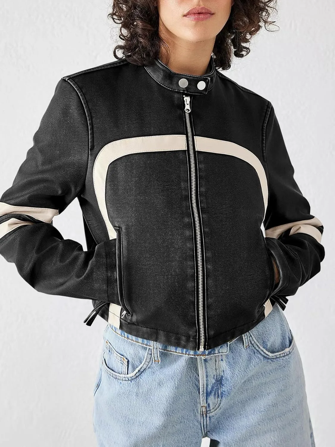 Saodimallsu Womens Faux Leather Jackets Zip Up Stand Collar Cropped Motocross PU Coats