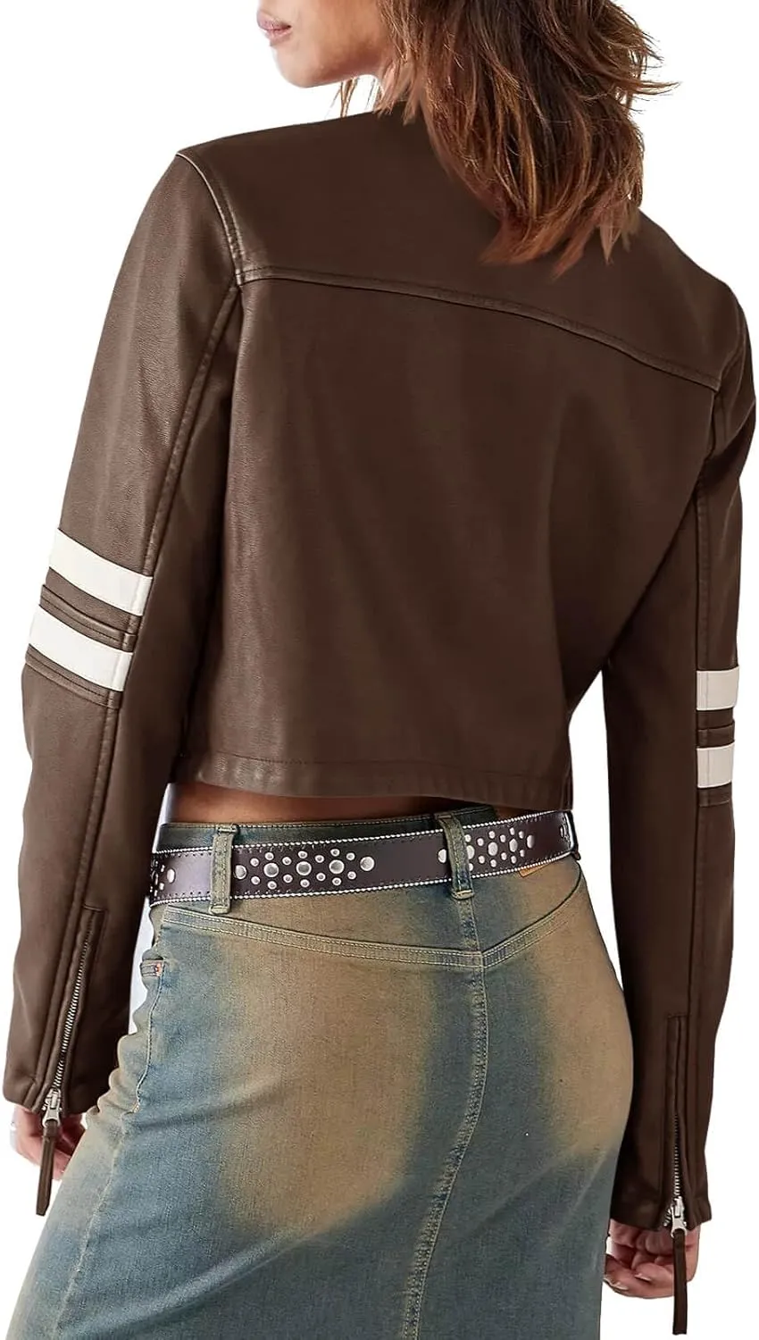 Saodimallsu Womens Faux Leather Jackets Zip Up Stand Collar Cropped Motocross PU Coats
