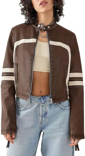 Saodimallsu Womens Faux Leather Jackets Zip Up Stand Collar Cropped Motocross PU Coats