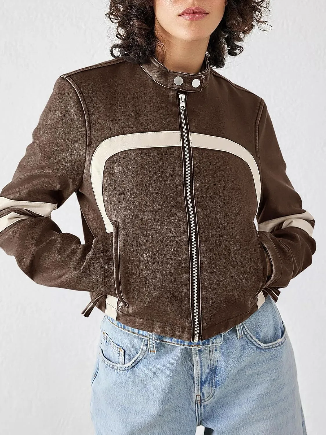 Saodimallsu Womens Faux Leather Jackets Zip Up Stand Collar Cropped Motocross PU Coats