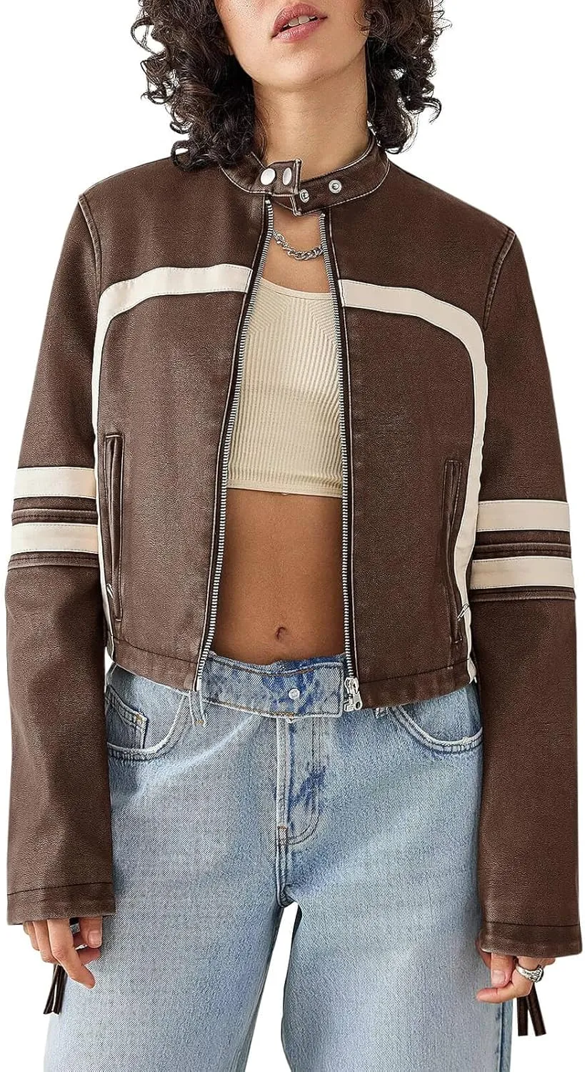 Saodimallsu Womens Faux Leather Jackets Zip Up Stand Collar Cropped Motocross PU Coats