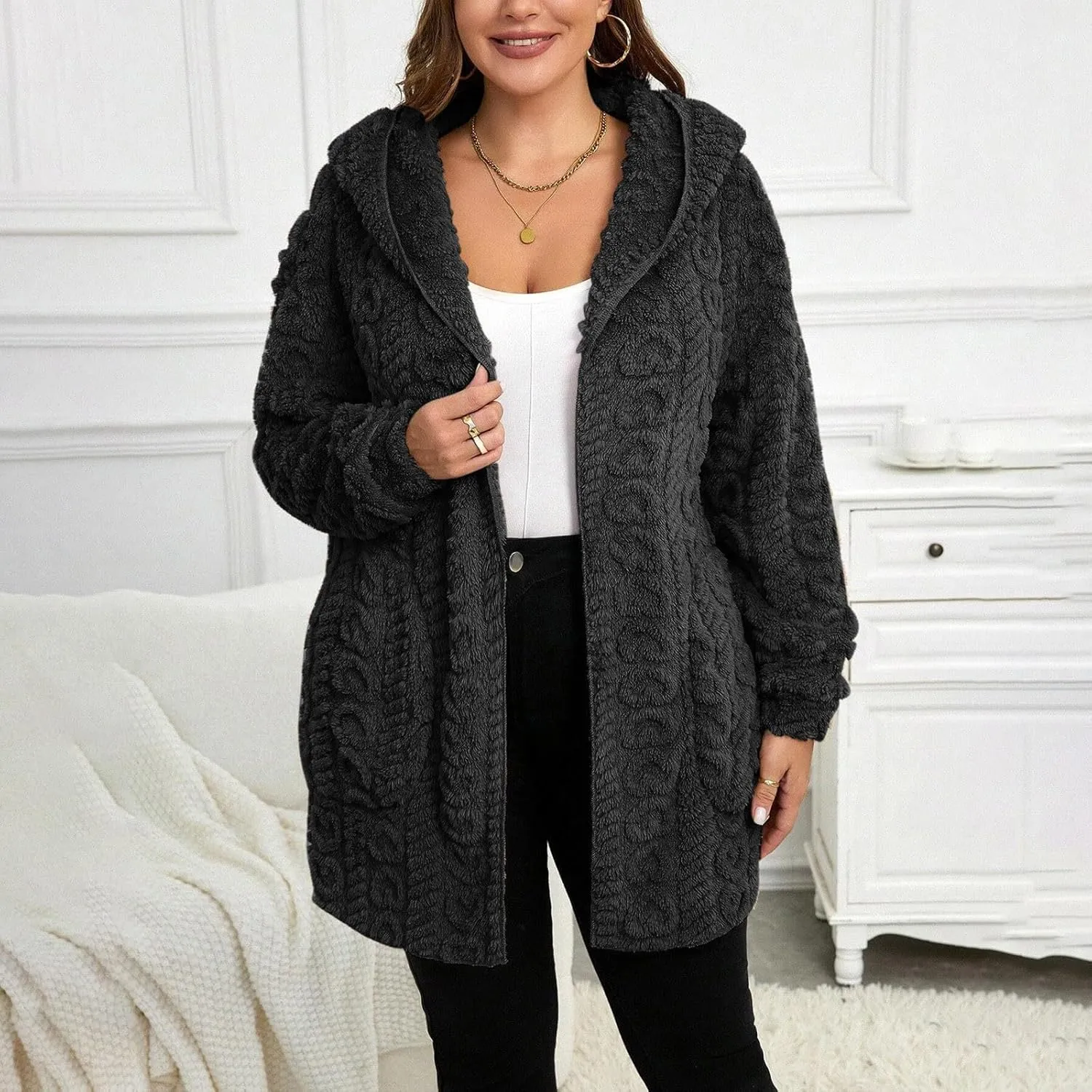 Sherpa Jacket Women Teddy Bear Fleece Jacket Oversized Open Front Hooded Cardigan Fuzzy Sweater Coats with Pockets