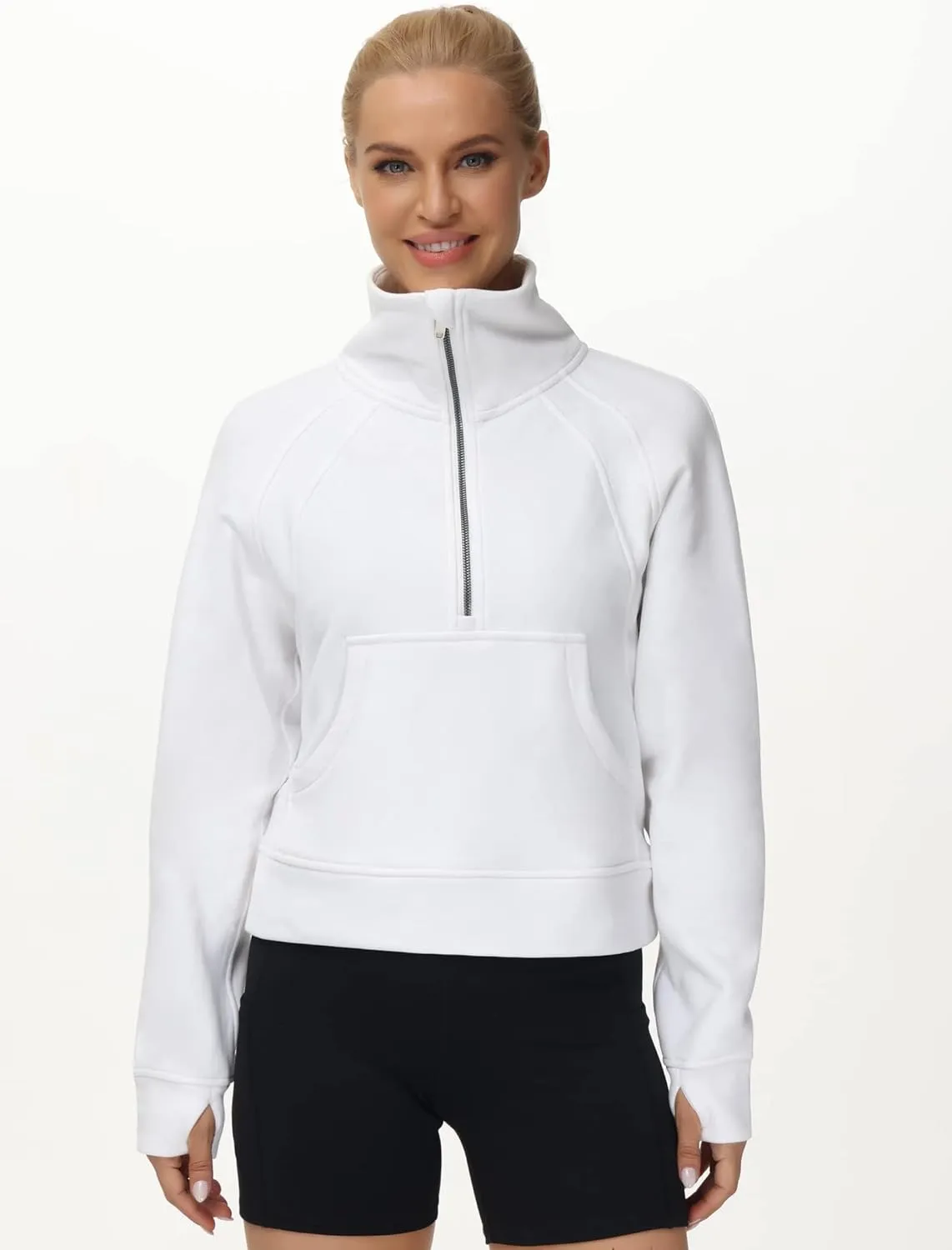 THE GYM PEOPLE Womens' Half Zip Pullover Fleece Stand Collar Crop Sweatshirt with Pockets Thumb Hole