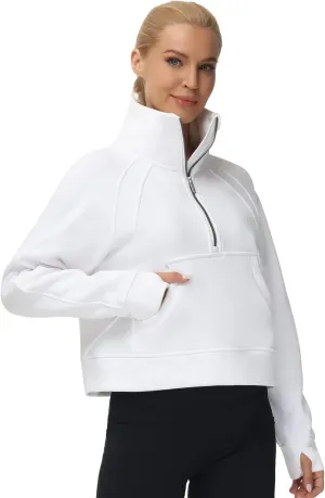 THE GYM PEOPLE Womens' Half Zip Pullover Fleece Stand Collar Crop Sweatshirt with Pockets Thumb Hole