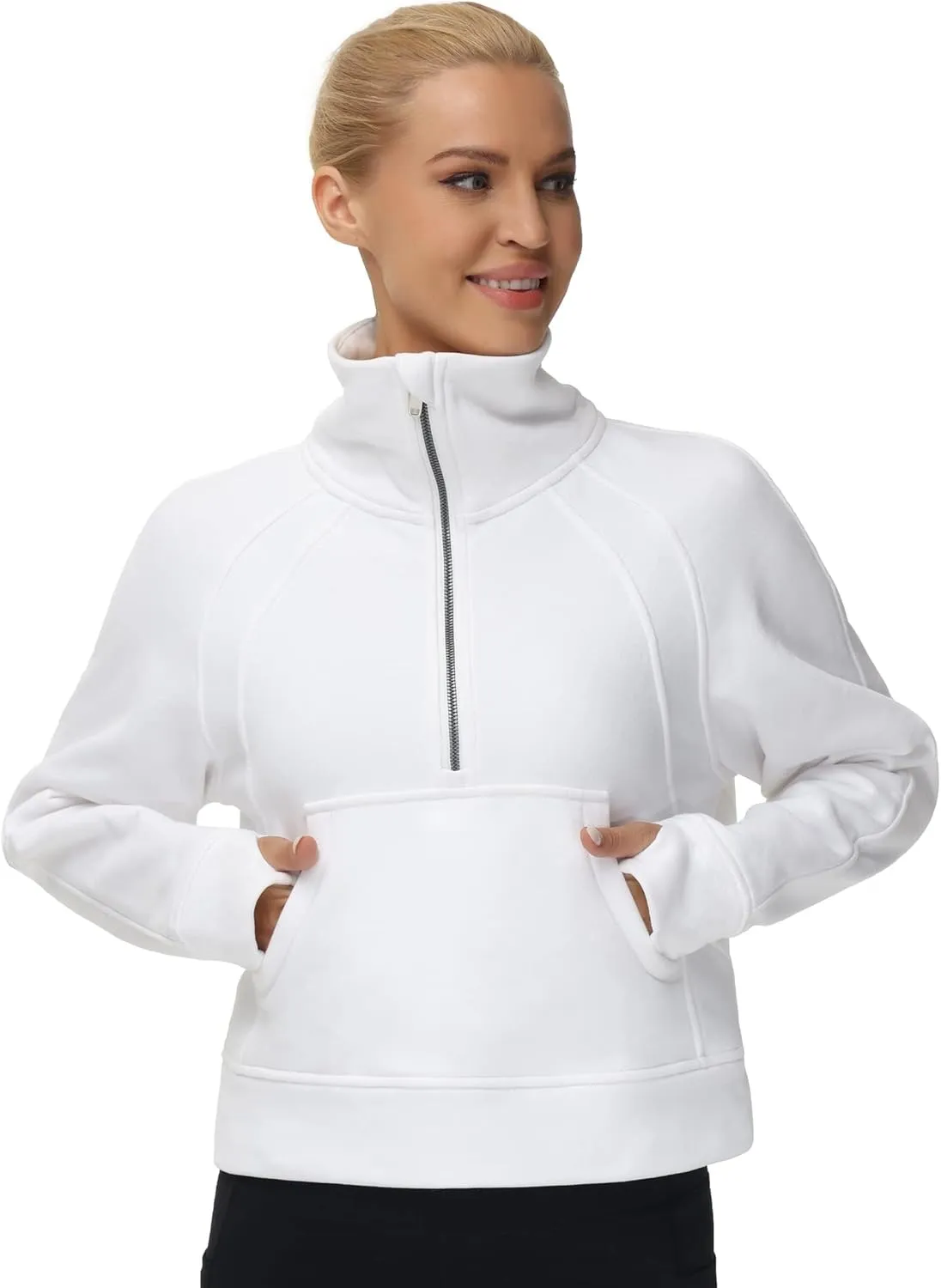 THE GYM PEOPLE Womens' Half Zip Pullover Fleece Stand Collar Crop Sweatshirt with Pockets Thumb Hole