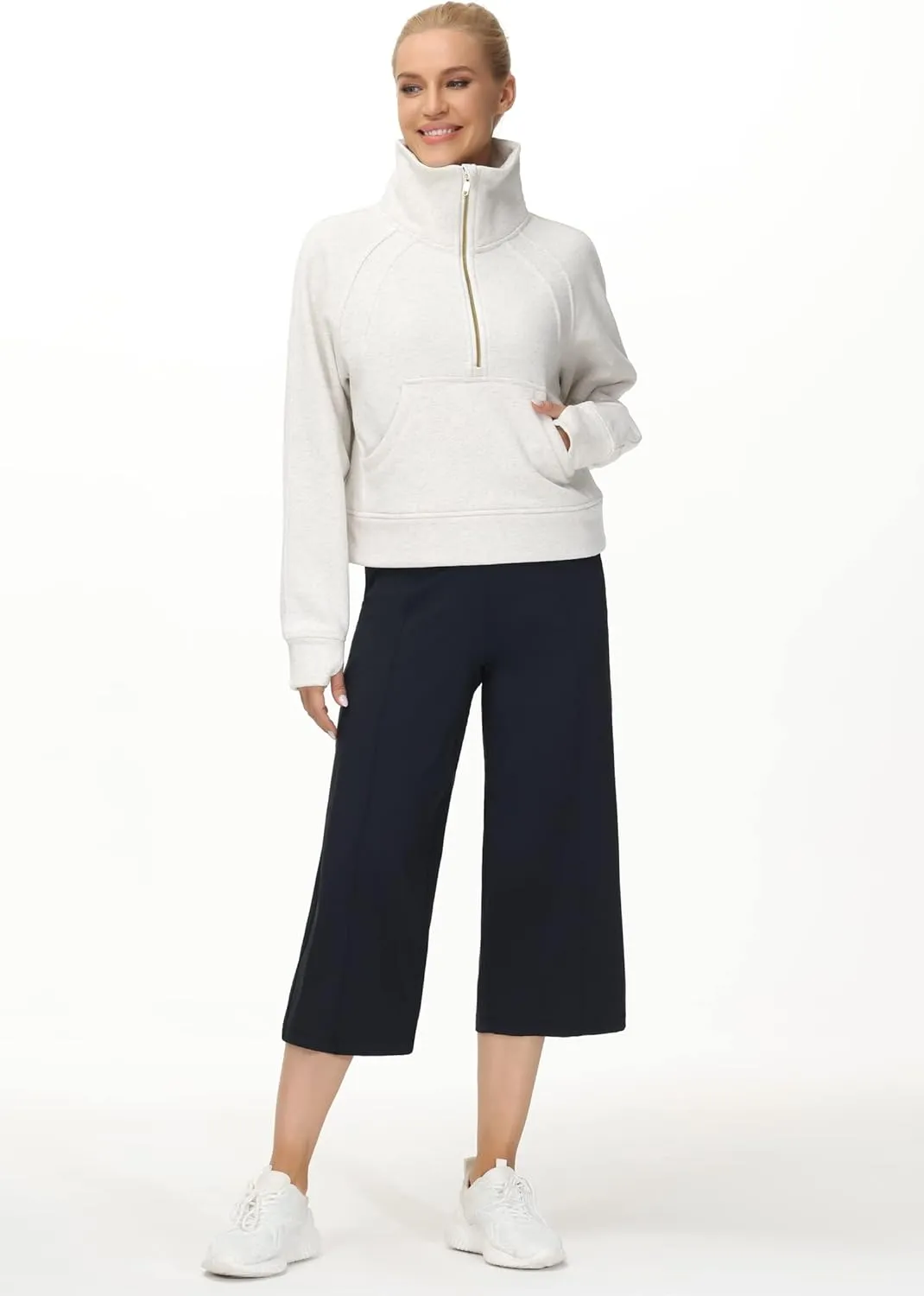 THE GYM PEOPLE Womens' Half Zip Pullover Fleece Stand Collar Crop Sweatshirt with Pockets Thumb Hole