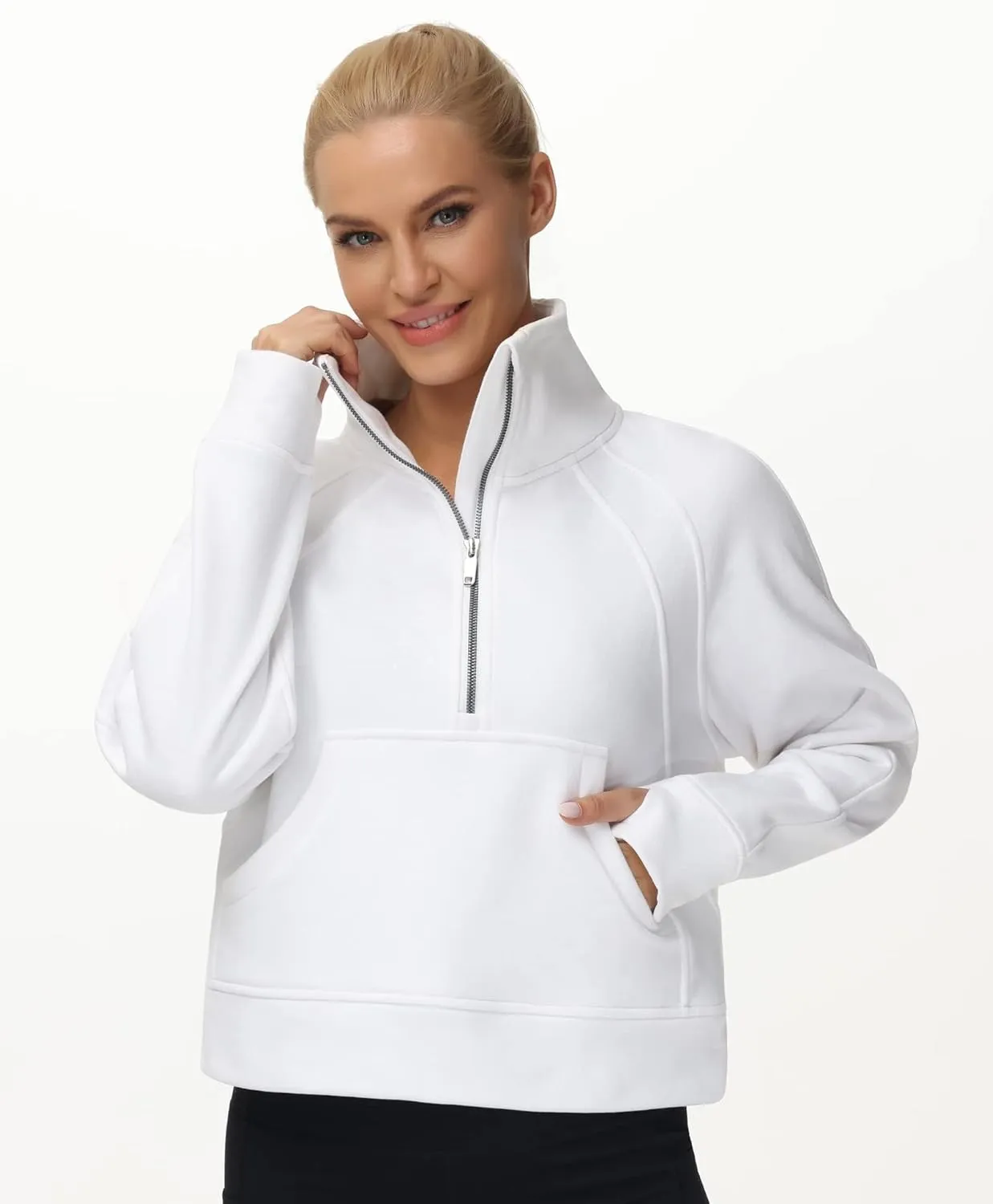 THE GYM PEOPLE Womens' Half Zip Pullover Fleece Stand Collar Crop Sweatshirt with Pockets Thumb Hole