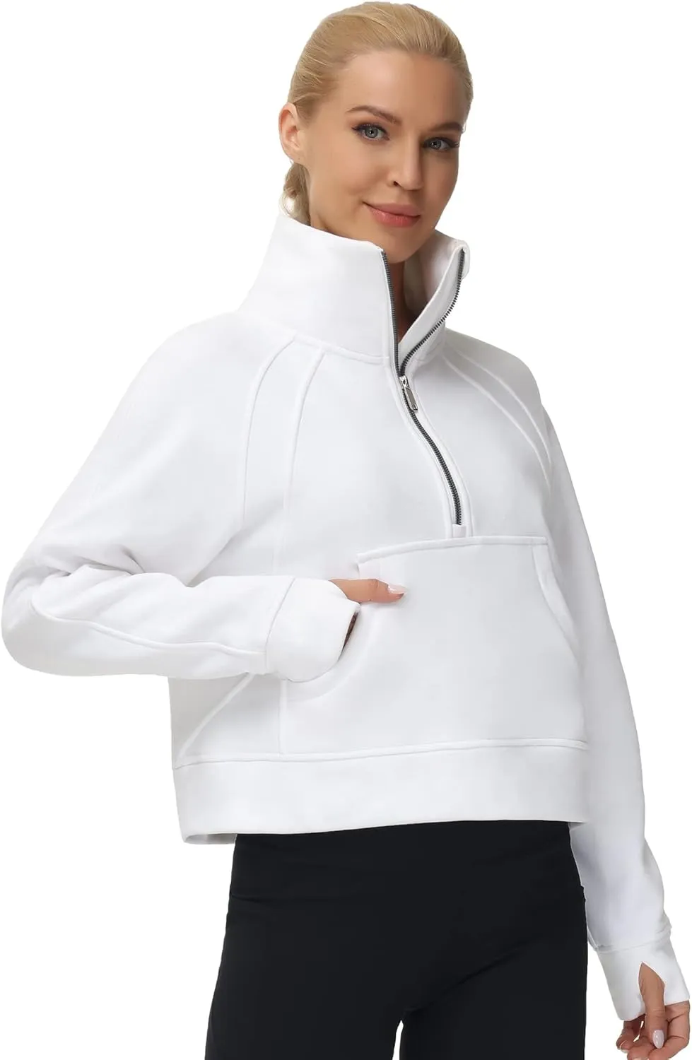 THE GYM PEOPLE Womens' Half Zip Pullover Fleece Stand Collar Crop Sweatshirt with Pockets Thumb Hole