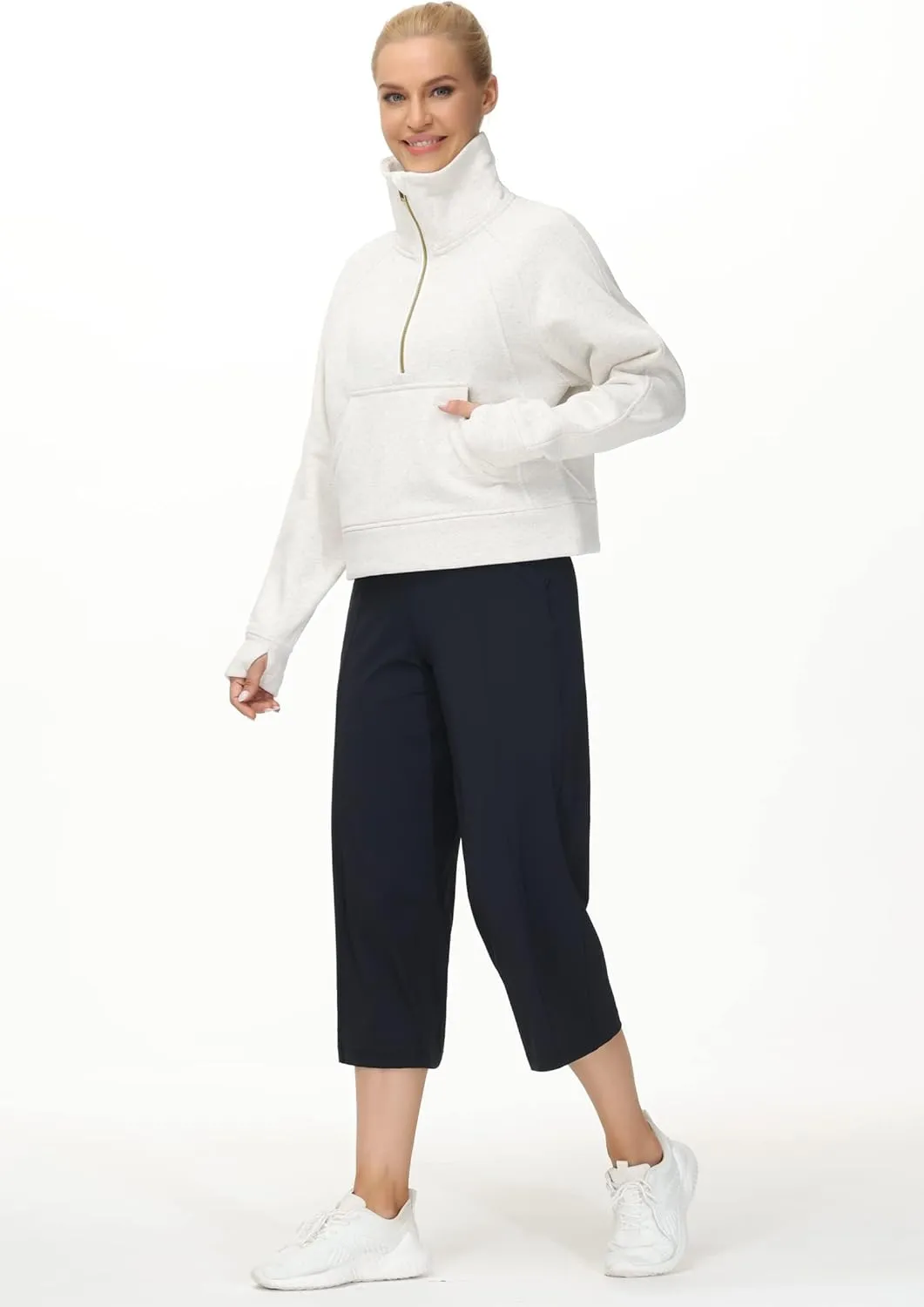 THE GYM PEOPLE Womens' Half Zip Pullover Fleece Stand Collar Crop Sweatshirt with Pockets Thumb Hole