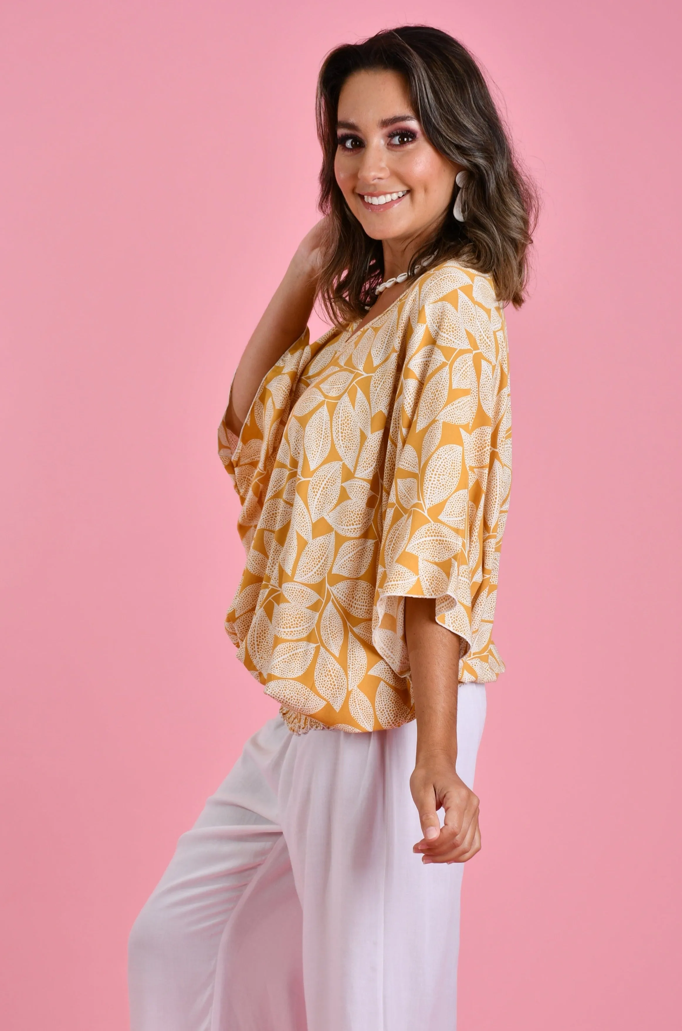 VBLT112 - V NECK BATWING TOP - SPOTTED LEAF MUSTARD