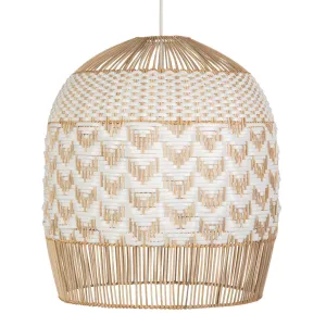 Wicker and Polyrattan Tulip Shaped Chevron Pendant Lamp, White, Diam 19.5 Inches