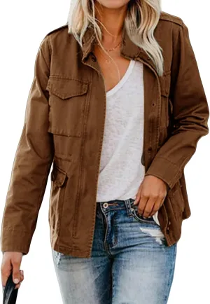 Women Military Anorak Jackets Zip Up Parka Safari Utility Coats Long Sleeve Lightweight Loose Outwear with Pockets