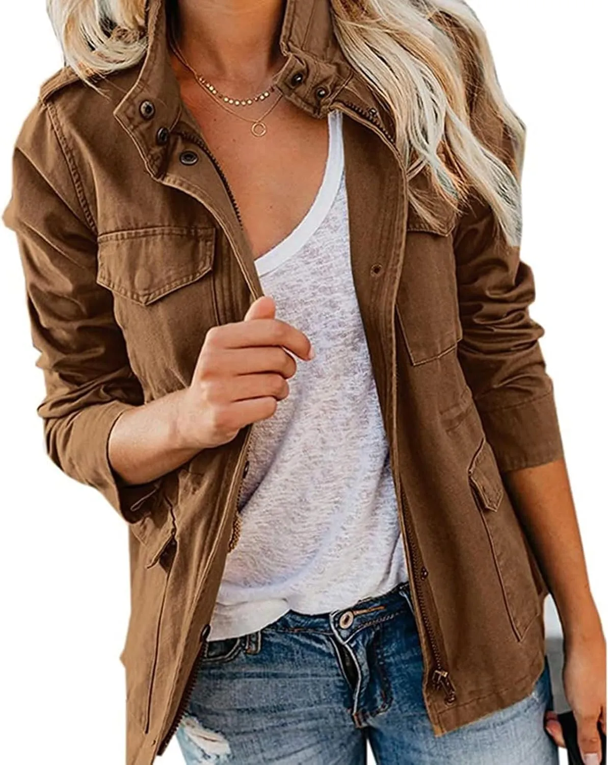 Women Military Anorak Jackets Zip Up Parka Safari Utility Coats Long Sleeve Lightweight Loose Outwear with Pockets