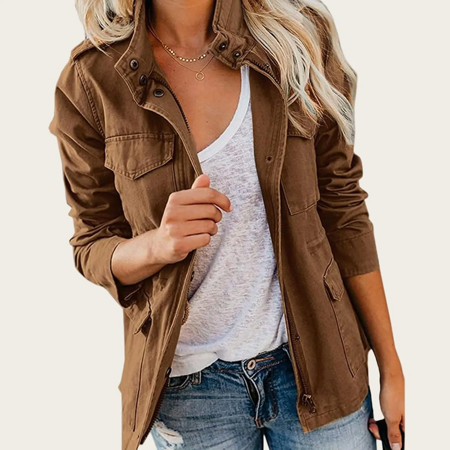 Women Military Anorak Jackets Zip Up Parka Safari Utility Coats Long Sleeve Lightweight Loose Outwear with Pockets
