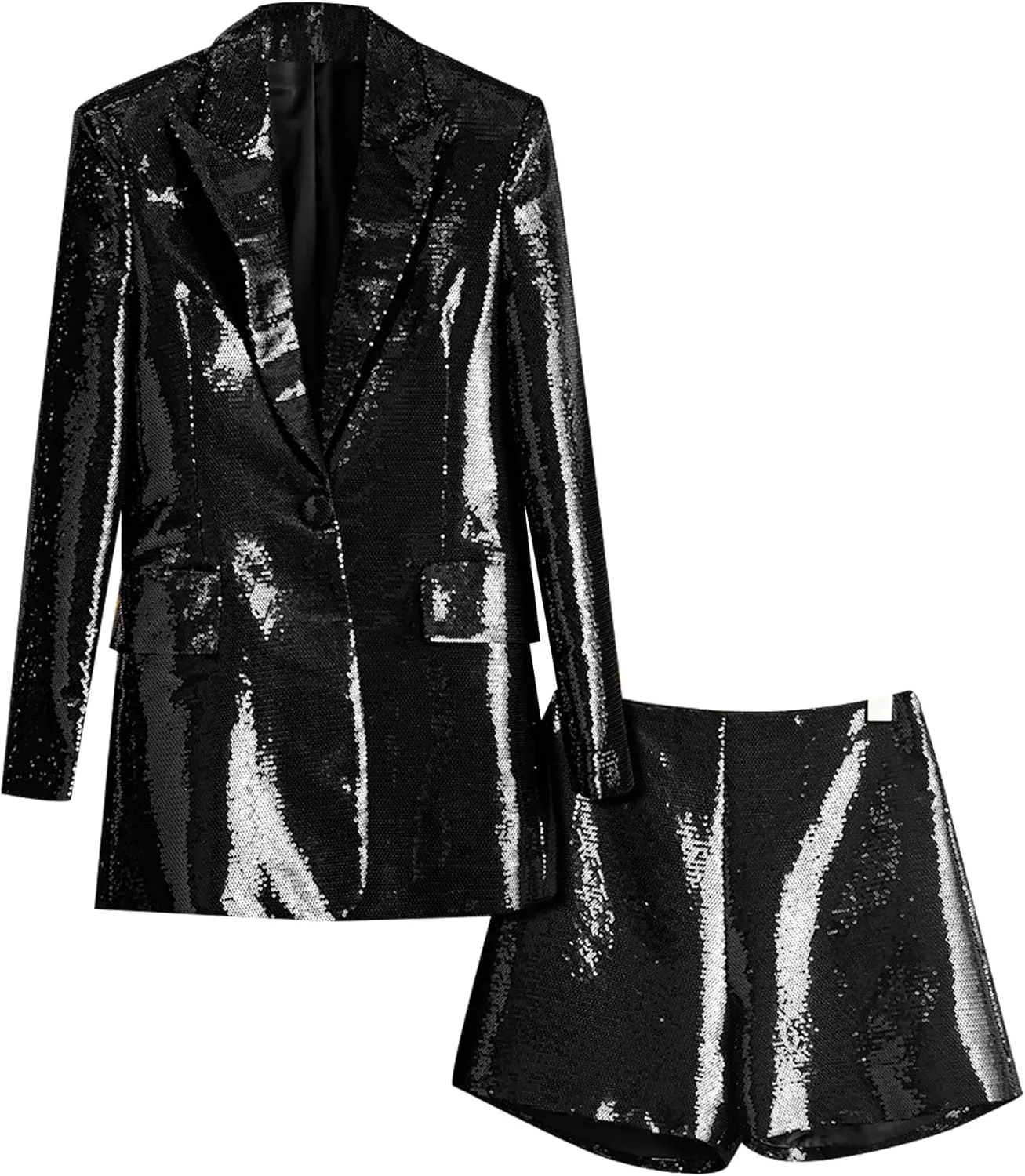 Women Sequin Blazer and Short Set 2 PC Slim Fit Notch Lapel Prom Party Glitter Suit
