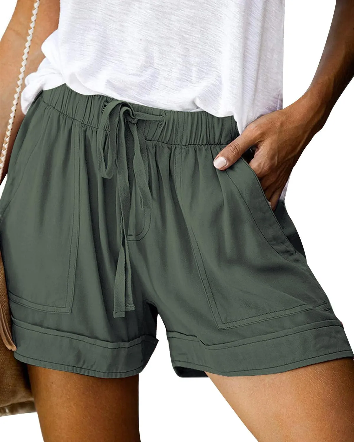 Womens Elastic Waist Comfy Drawstring Shorts Beach Casual Shorts Summer Lightweight Short Pants with Pockets