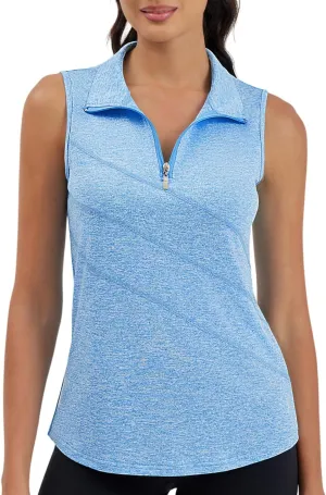 Womens Golf Polo Shirts Sleeveless Zip Up Tennis Moisture Wicking Workout Tops