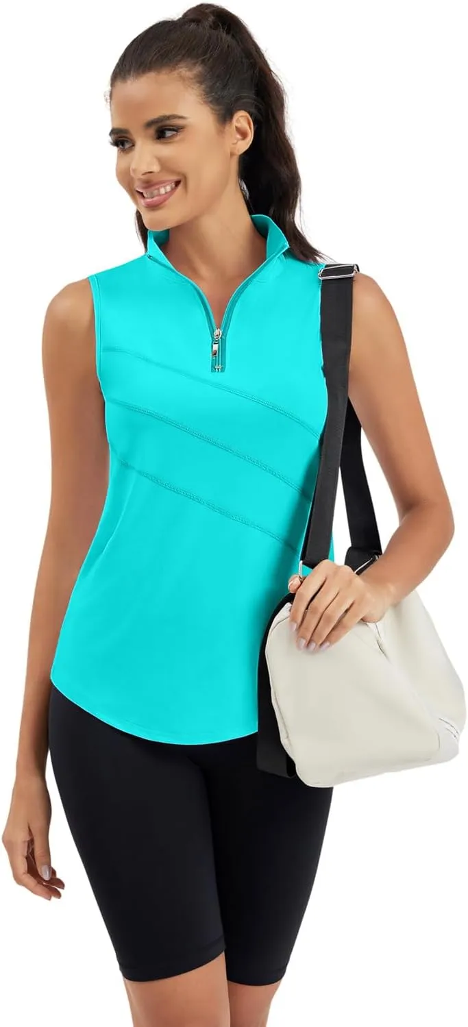 Womens Golf Polo Shirts Sleeveless Zip Up Tennis Moisture Wicking Workout Tops