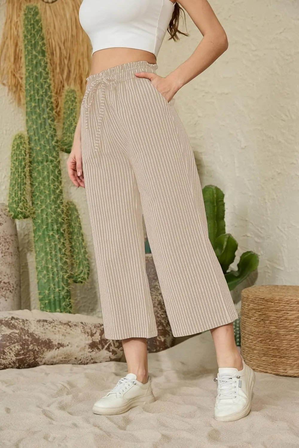 Womens Linen Pants Elastic High Waisted Wide Leg Drawstring Casual Loose Cropped Pants with Pockets
