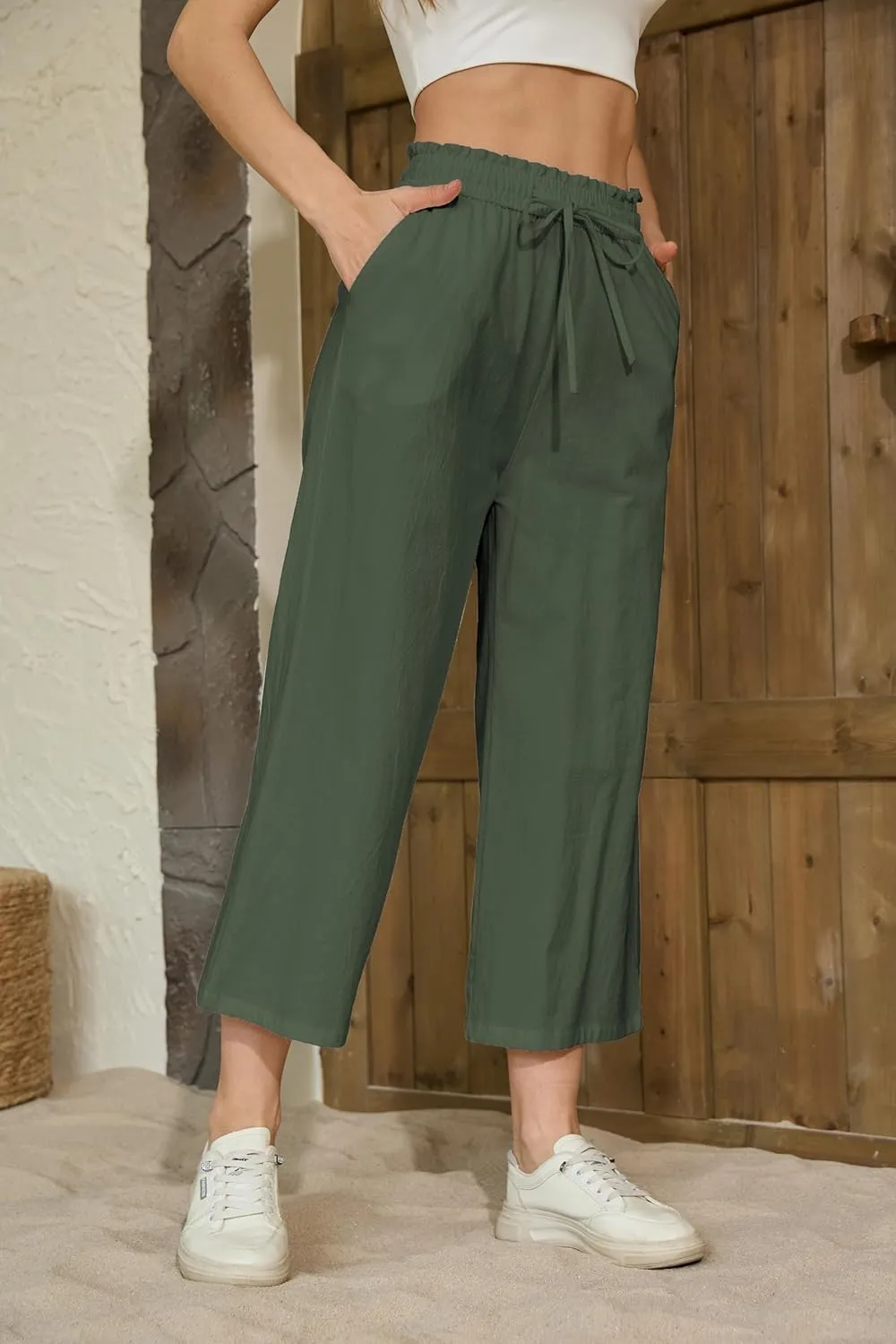 Womens Linen Pants Elastic High Waisted Wide Leg Drawstring Casual Loose Cropped Pants with Pockets